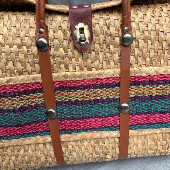 Raffia Straw Tote Bag Mexican Boho Bag Purse Beach Bag Tote w Leather Accent - Picture 4 of 5